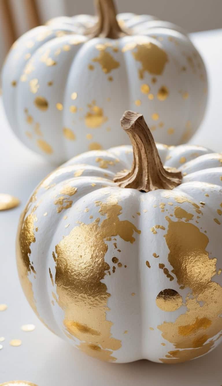 Two white pumpkins are decorated with shiny gold paint splatters and gold leaf accents, sitting on a white surface with gold confetti scattered around them. The scene is bright and festive.