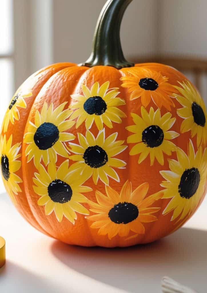 A pumpkin with sunflowers painted on it.