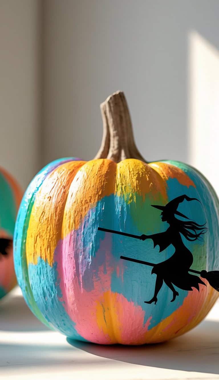 A pumpkin painted with bright pastel colors is decorated with a black silhouette of a witch flying on a broomstick. Sunlight casts soft shadows, highlighting the textured surface of the pumpkin.
