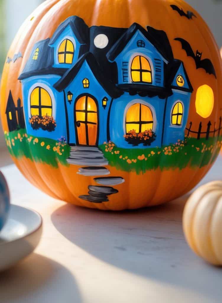 A pumpkin painted with a bright blue haunted house, glowing yellow windows, a crescent moon, a bat, and a path leading to the door. The design includes flowers and grass, evoking a cheerful Halloween scene.