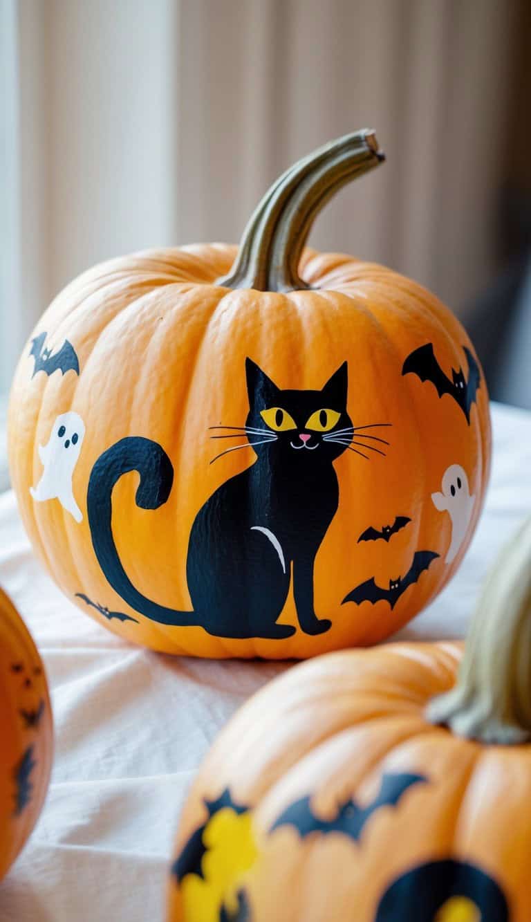 A pumpkin decorated with a painted black cat, bats, and white ghosts, sitting on a light-colored cloth with another partially visible pumpkin beside it.