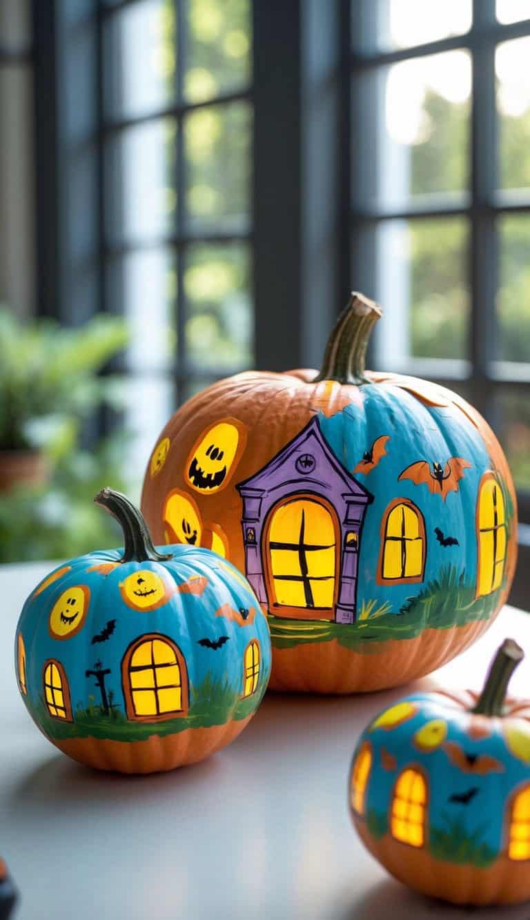 Three pumpkins are decorated with painted windows, doors, bats, and smiling jack-o’-lantern faces, creating a haunted house scene. Glowing lights shine from inside. The pumpkins are on a table by large windows.