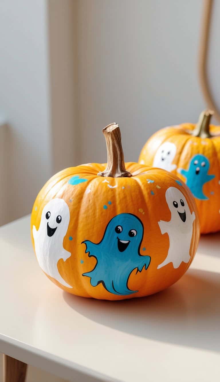 A pumpkin is decorated with cheerful, cartoon-style ghost paintings in blue and white. Another similarly painted pumpkin is in the background, both sitting on a light-colored table.