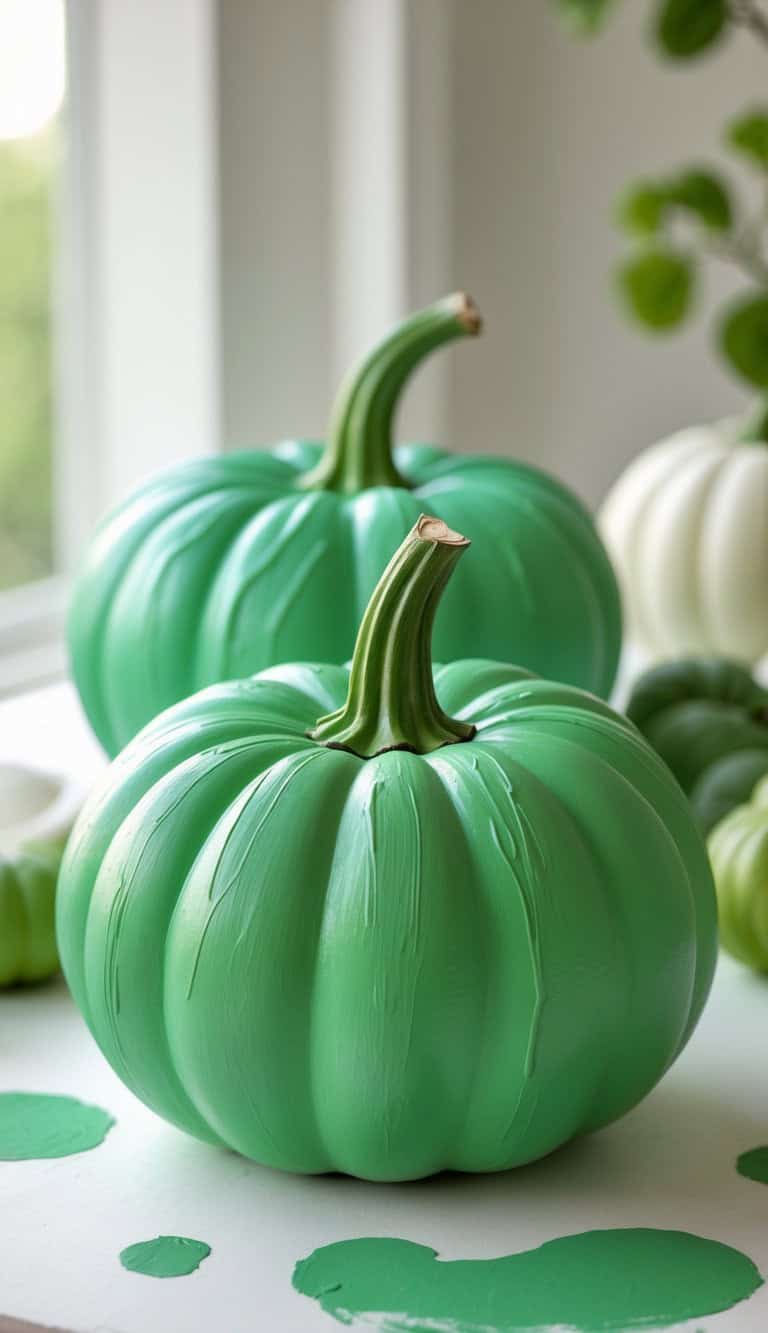 Two green pumpkins with smooth, shiny surfaces sit on a white table near a window, with some green paint spots nearby. Blurred greenery and a white pumpkin are visible in the background.