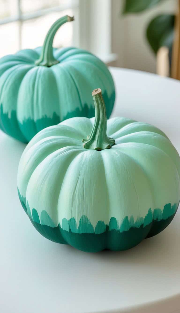 Two pumpkins painted in shades of teal and mint green with a wave-like pattern sit on a white table near a window, creating a modern and decorative look.