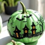 Two green pumpkins are decorated with black silhouettes of haunted houses, bats, bare trees, and glowing yellow windows, evoking a spooky Halloween scene. A potted plant is blurred in the background.