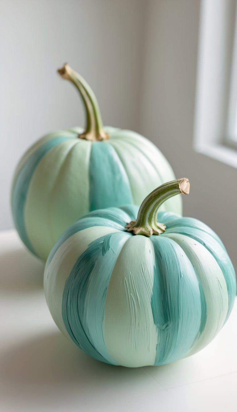 Two pumpkins painted with alternating teal and white vertical stripes sit on a white surface near a window, with natural light highlighting their textured paint.