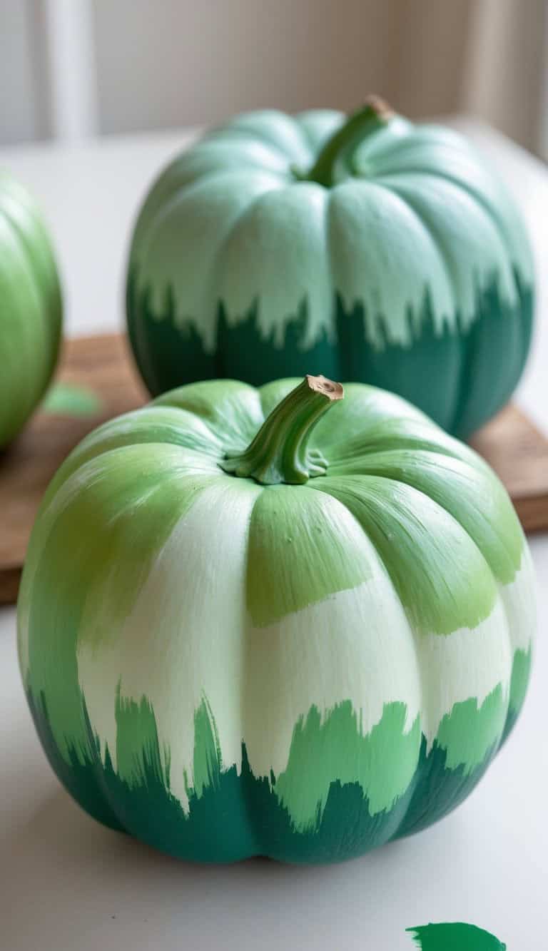 Two pumpkins painted with different shades of green in a gradient, brushstroke pattern sit on a white surface, creating a decorative and artistic look. A wooden board is visible in the background.