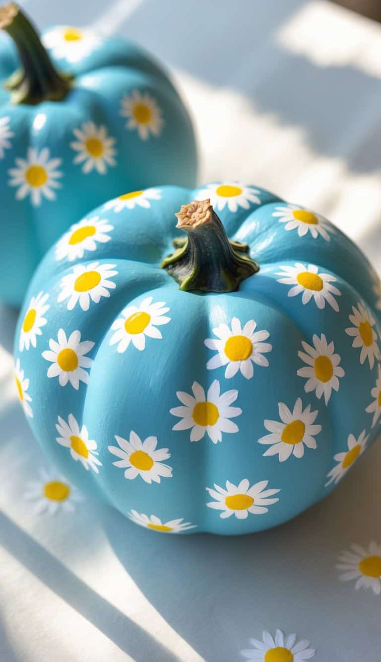 Two blue pumpkins decorated with hand-painted white daisies and yellow centers sit on a light-colored surface, with sunlight casting soft shadows across the scene.