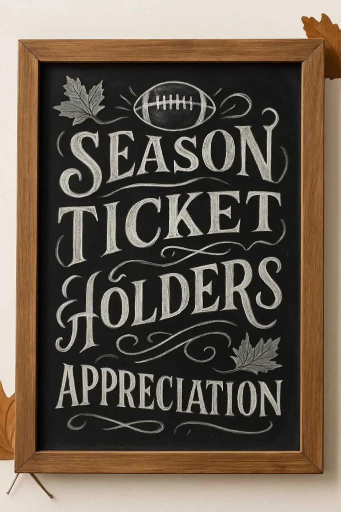 A wood-framed chalkboard sign with artistic hand-lettered designs and seasonal football-themed decorations on a clean background.