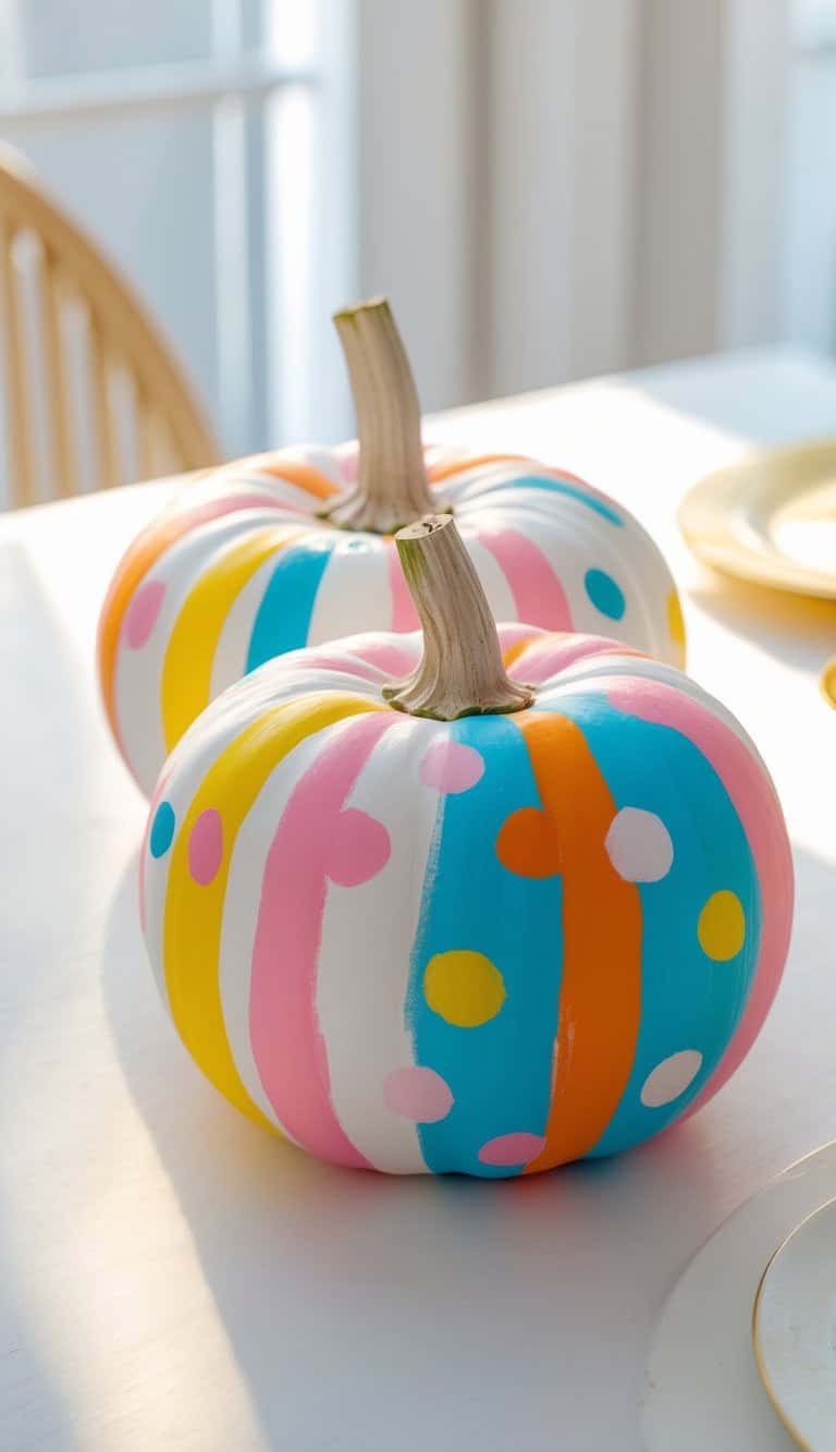 Two white pumpkins painted with colorful stripes and polka dots in pastel shades of pink, blue, orange, and yellow sit on a bright table in a sunlit room.