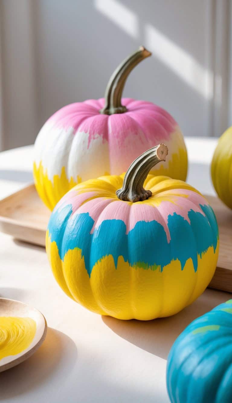Two pumpkins are painted with vibrant stripes of yellow, blue, pink, and white, displayed on a table in bright, natural sunlight. A wooden tray and a paint palette with similar colors are visible in the background.