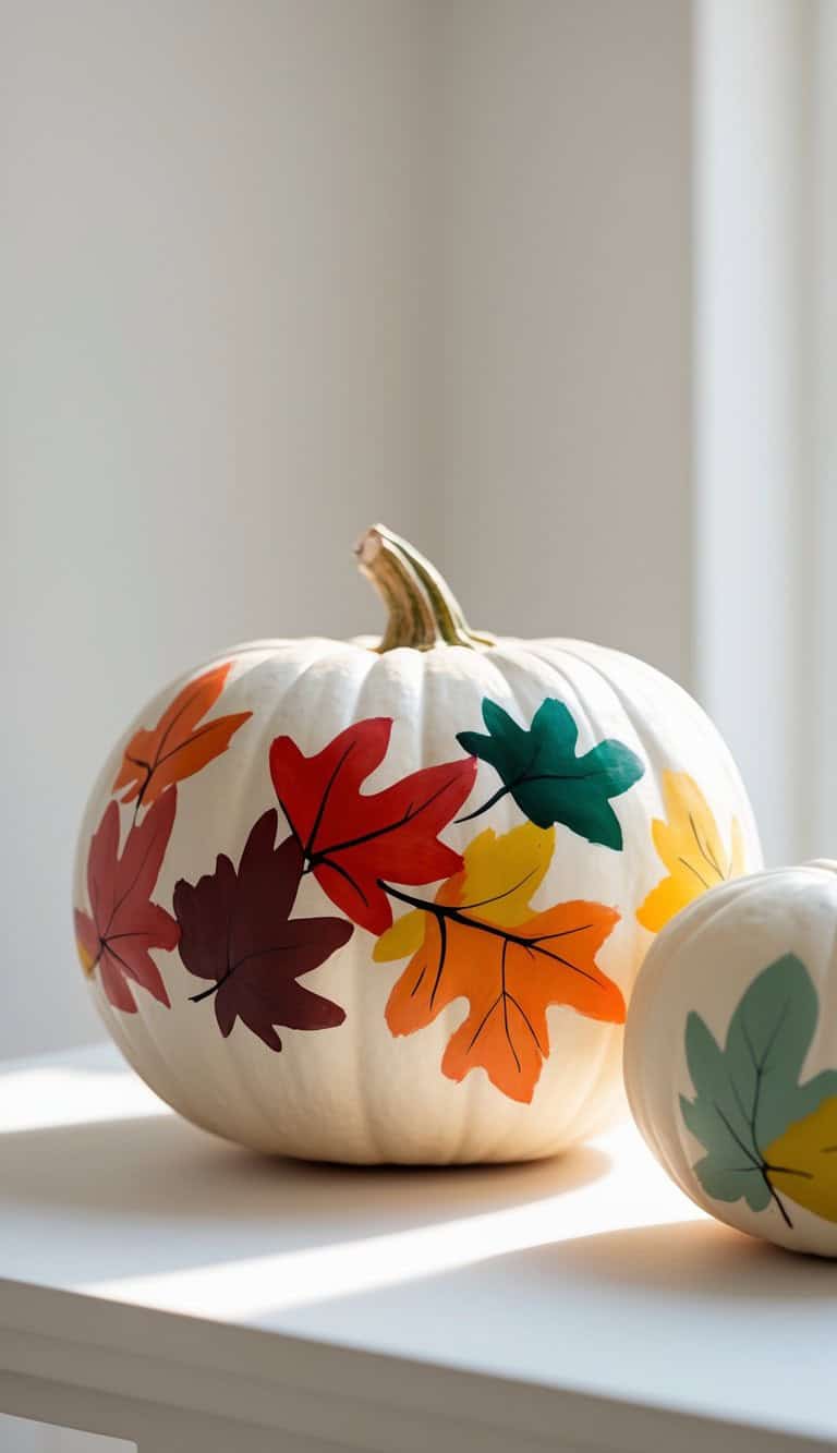 A white pumpkin decorated with colorful autumn leaves, including red, orange, yellow, green, and brown, sits on a white surface next to a smaller plain pumpkin in bright natural light.