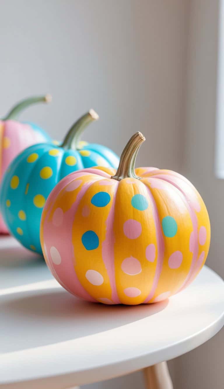 Three pumpkins painted in pastel colors with polka dots and stripes sit on a white table by a window; the closest pumpkin is orange and pink with blue and pink dots.