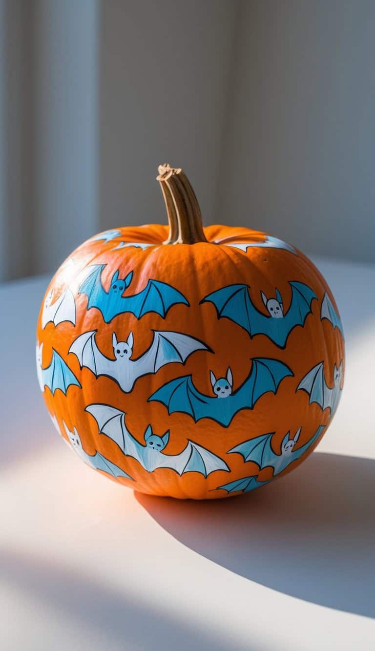 A pumpkin decorated with a pattern of blue and white cartoon bats, each outlined in black, sitting on a light-colored surface in natural sunlight.