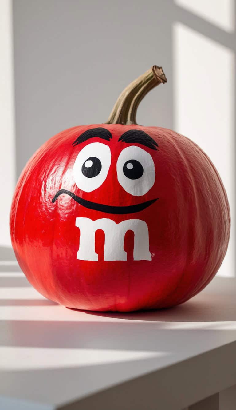 A pumpkin painted bright red with a smiling face, large cartoon eyes, arched eyebrows, and a white "m" resembling the M&M candy logo, sitting on a white surface in sunlight.