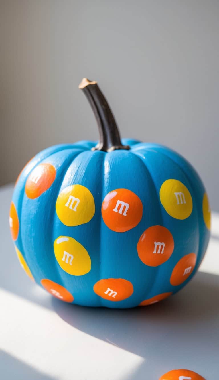 A pumpkin painted bright blue with orange and yellow M&M candy designs scattered over its surface, sitting on a white surface in natural light.