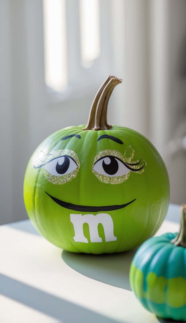 A green pumpkin painted to resemble the green M&M character, with glittery eyelashes, expressive eyes, a smiling mouth, and a white "m" on its front, sitting on a white surface with sunlight shining on it.