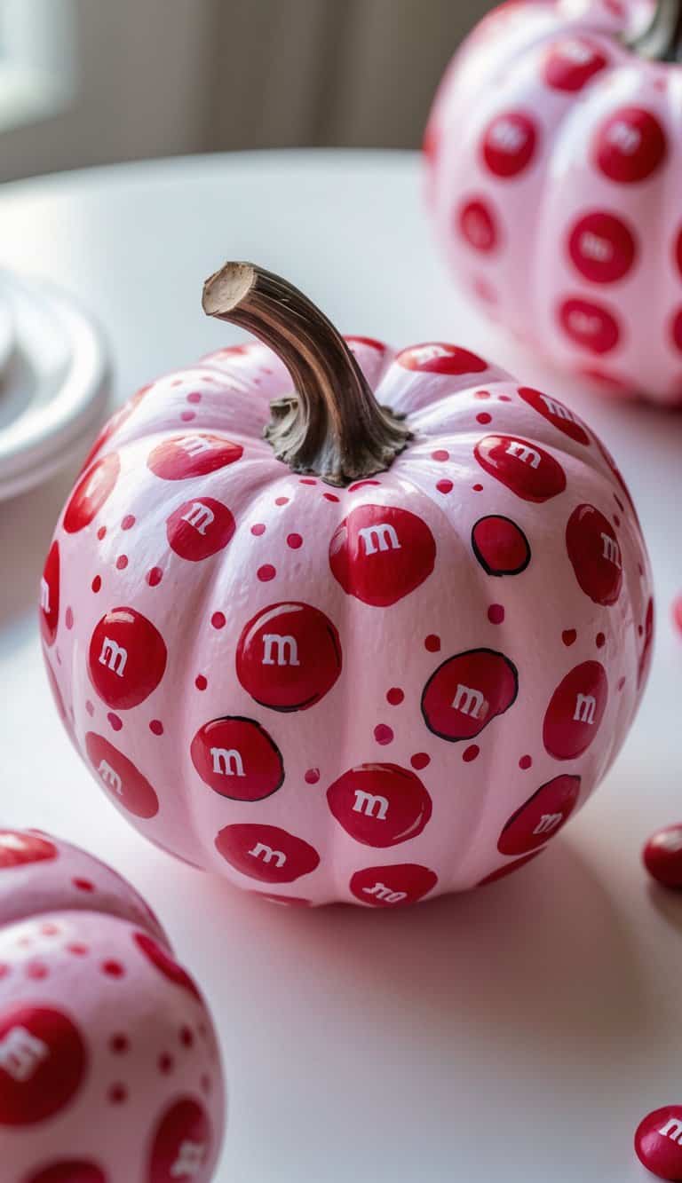 A white pumpkin decorated with red and dark red M&M candy logos and polka dots sits on a white surface, with other similarly decorated pumpkins nearby.