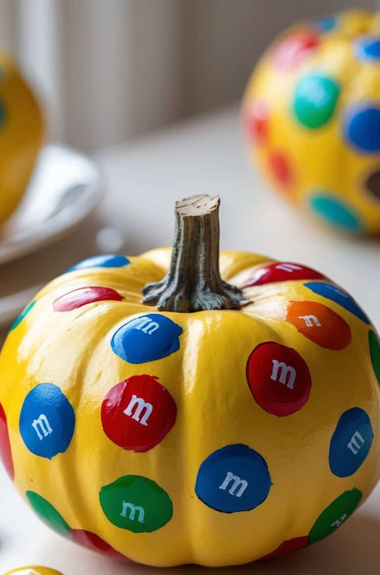A yellow pumpkin decorated with colorful M&M logo stickers, featuring red, blue, and green candy designs, sits on a light surface with other similarly decorated pumpkins in the background.