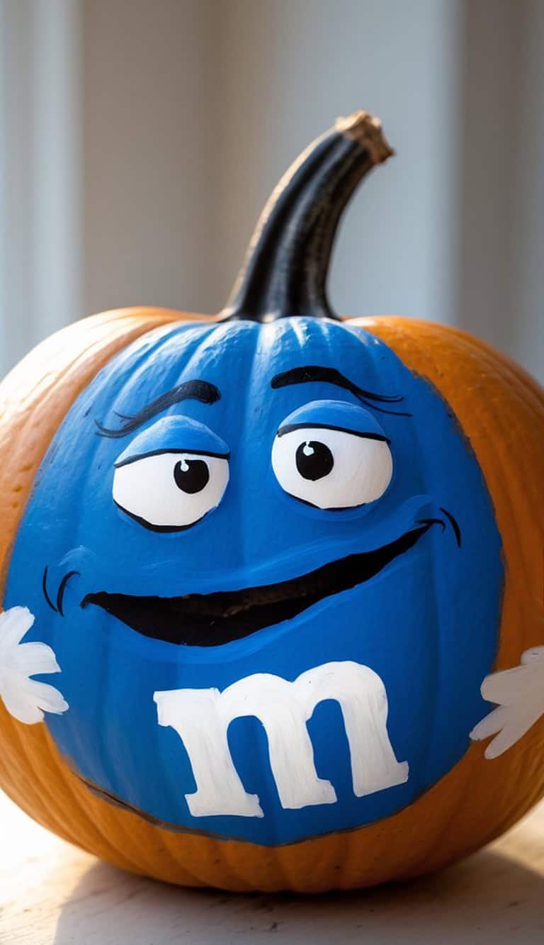 A pumpkin painted to look like the blue M&M character, featuring a blue face, white “m” logo, cartoon eyes, a smiling mouth, and white-gloved hands on the sides.