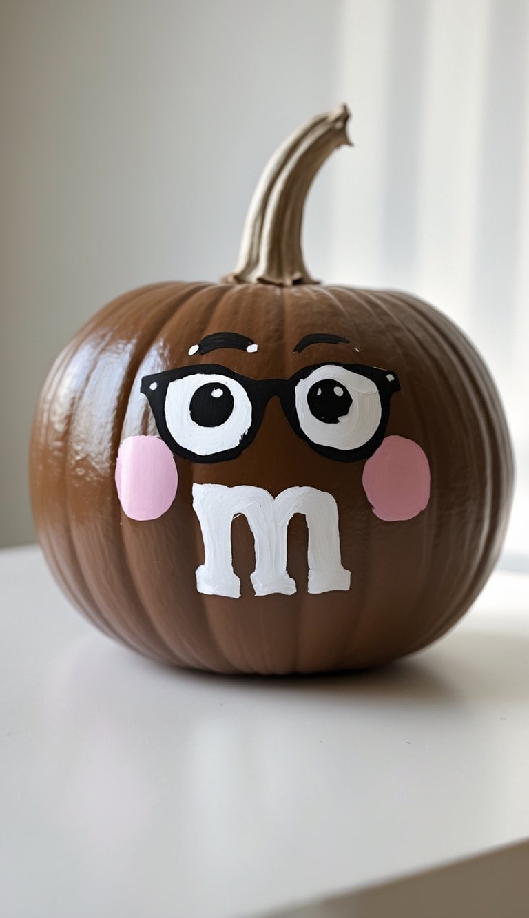 A brown pumpkin painted to look like an M&M character, with large eyes, black glasses, pink cheeks, and a white "m" on the front, sitting on a white surface.