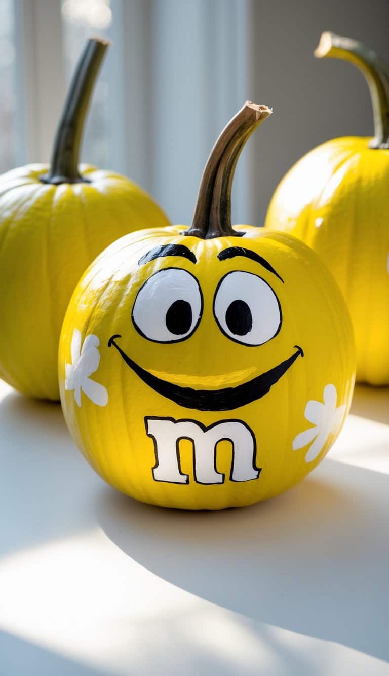 A yellow pumpkin is painted with the face and logo of the yellow M&M character, featuring big eyes, a wide smile, and white gloves. Two more yellow pumpkins are visible in the background.