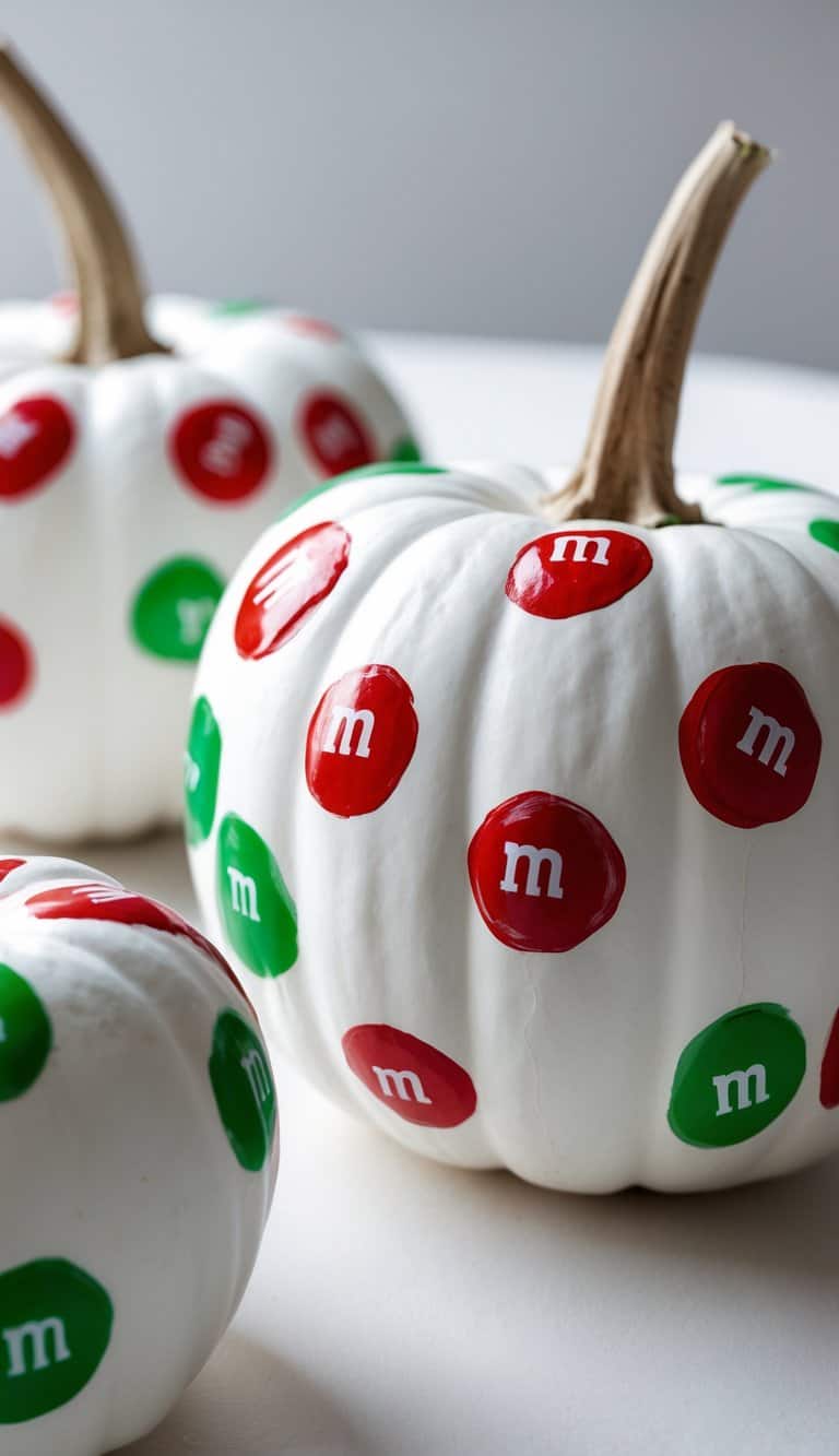 Three white pumpkins are decorated with large red and green M&M candy stickers, each with a white "m" logo. The pumpkins are arranged on a light surface with a neutral background.