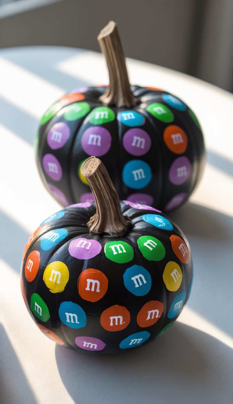 Two black pumpkins decorated with colorful M&M candy stickers in various colors, sitting on a white surface with sunlight streaming in and casting shadows.