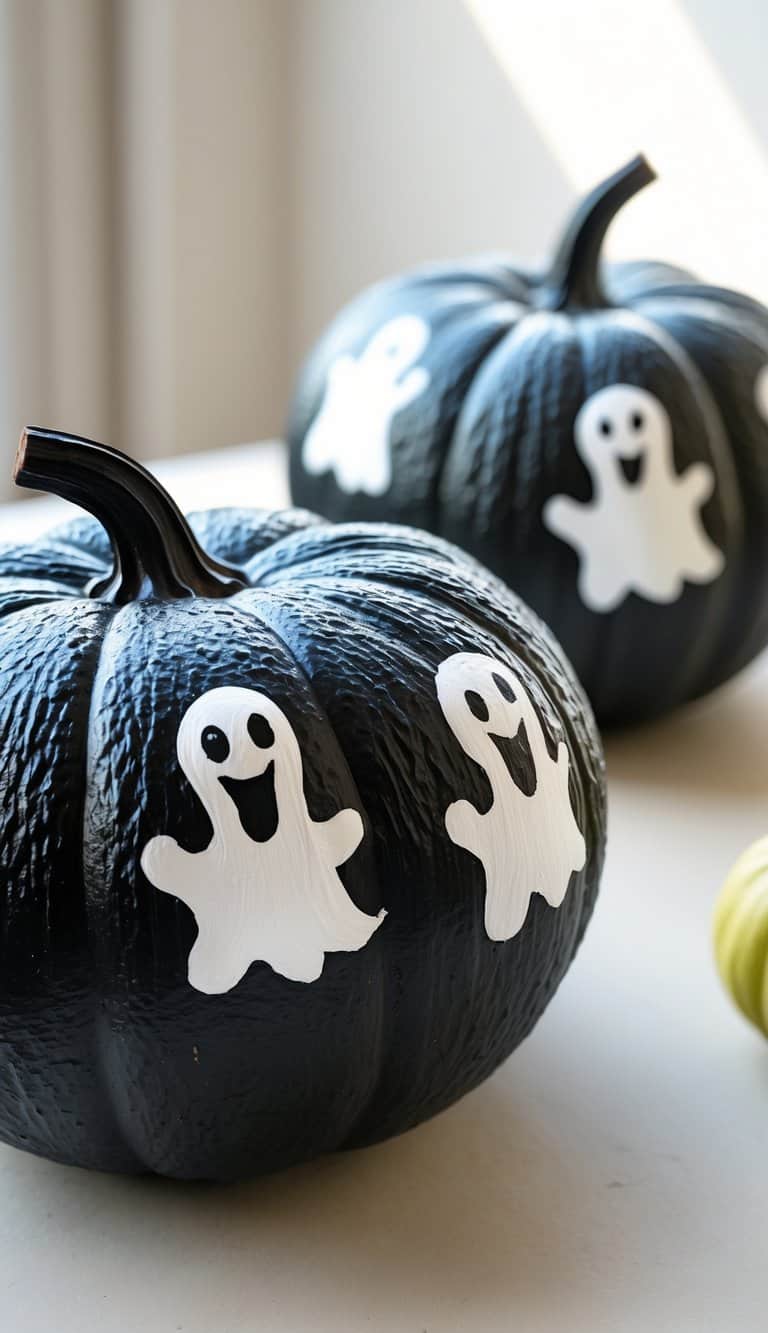 Two black pumpkins are decorated with smiling white ghost designs. The pumpkins are placed on a light surface with natural light shining from the side, creating a festive Halloween atmosphere.