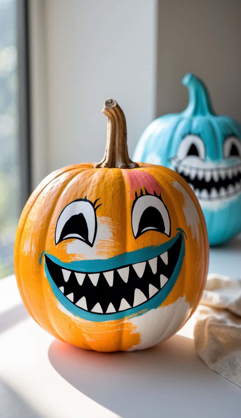 An orange pumpkin painted with a big, toothy cartoon smile and expressive eyes sits on a windowsill. In the background, a blue pumpkin with a similar face is visible. Sunlight shines through the window.