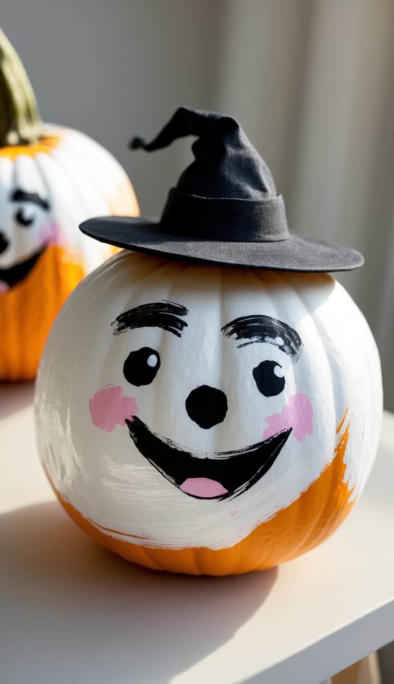 A pumpkin painted with a smiling cartoon face, rosy cheeks, and wearing a small black witch hat. Another painted pumpkin with a similar face is visible in the background.