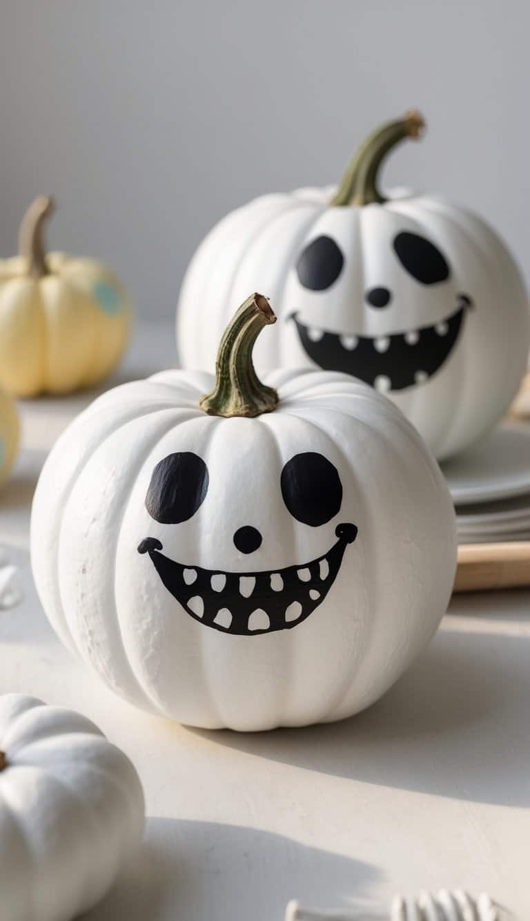 Two white pumpkins with painted, cartoonish black smiling faces and big eyes are displayed on a table, creating a playful and festive Halloween decoration. Other light-colored pumpkins and plates are in the background.