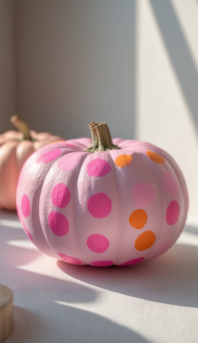 A light pink pumpkin decorated with pink and orange polka dots sits on a white surface in sunlight, with another pastel pumpkin blurred in the background.