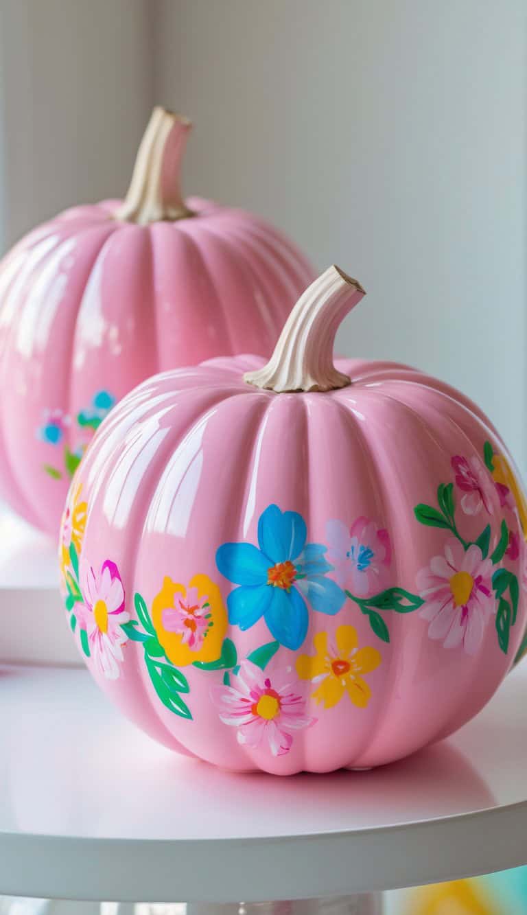 Two glossy pink pumpkins decorated with colorful painted flowers, including blue, yellow, and white blooms, are displayed on a white surface in bright natural light.