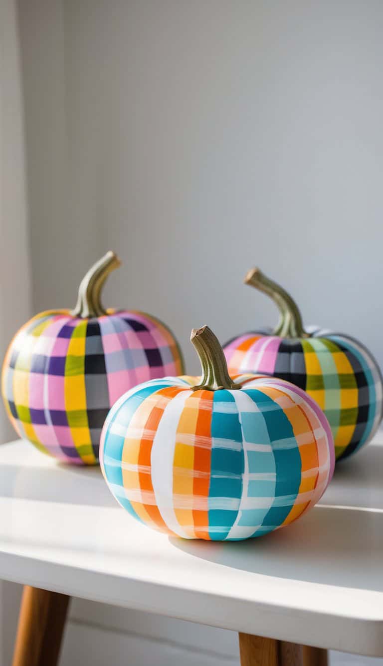 Three pumpkins painted with colorful plaid patterns in shades of orange, blue, yellow, pink, black, and white sit on a white table against a light background.
