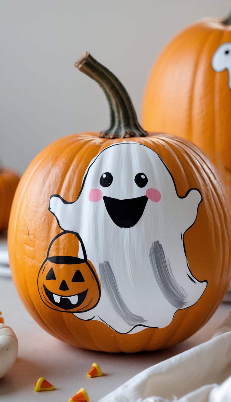 A pumpkin painted with a smiling white ghost holding a jack-o'-lantern bucket. The ghost has rosy cheeks and black eyes, with another painted pumpkin visible in the background. Candy corn pieces are on the table.