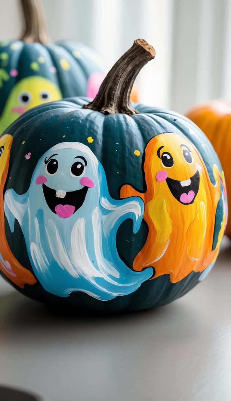 A dark green pumpkin painted with cheerful cartoon ghosts in blue, orange, and white, featuring big eyes, smiling faces, and rosy cheeks. More painted pumpkins are visible in the blurred background.