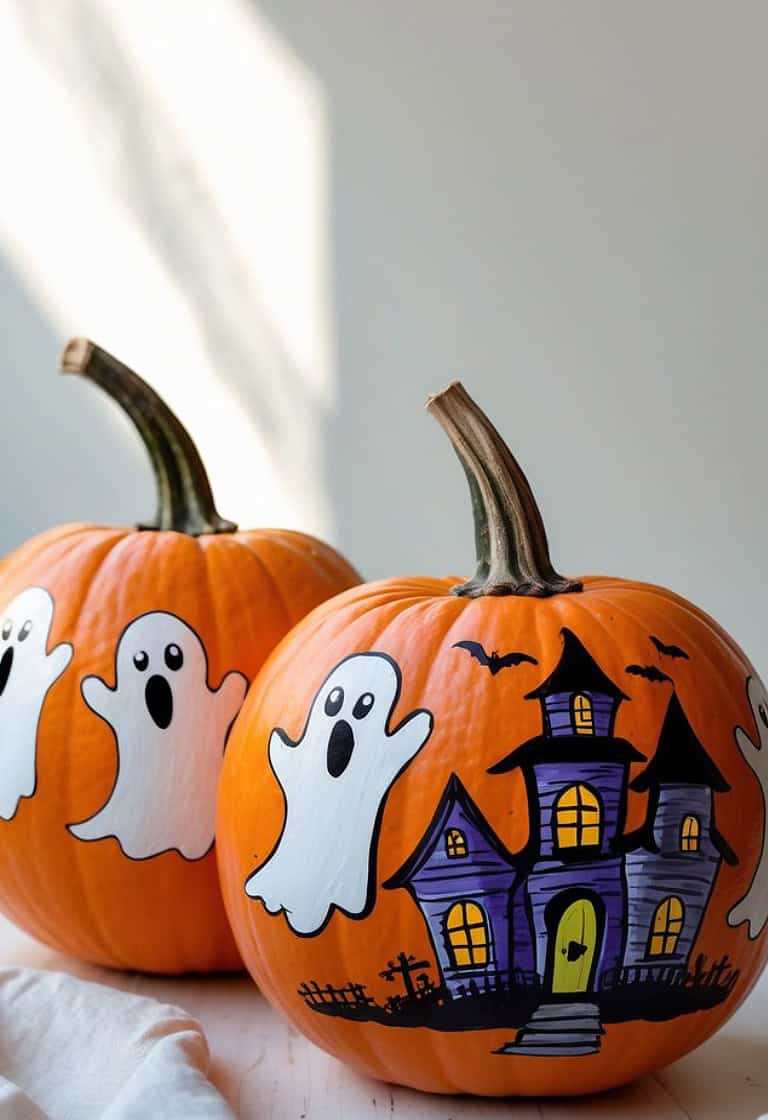 Two pumpkins are decorated with painted white ghosts and a spooky purple haunted house with yellow windows, set against a plain background.