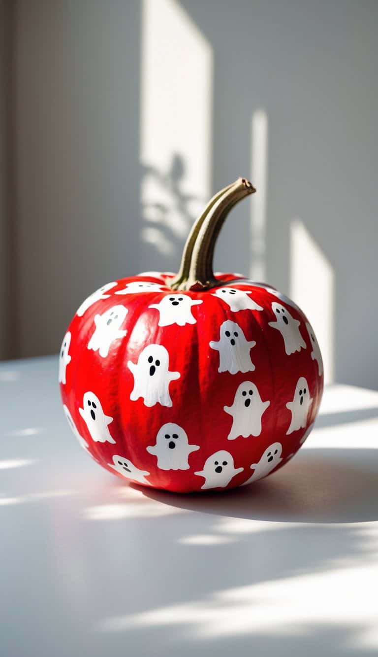 A red pumpkin decorated with white ghost shapes and black facial features sits on a white surface, with soft sunlight and shadows in the background.