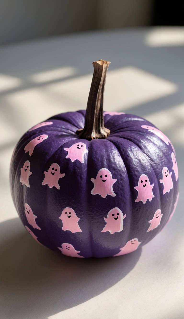 A purple pumpkin decorated with cute, smiling pink ghost stickers sits on a light surface, illuminated by soft natural light.