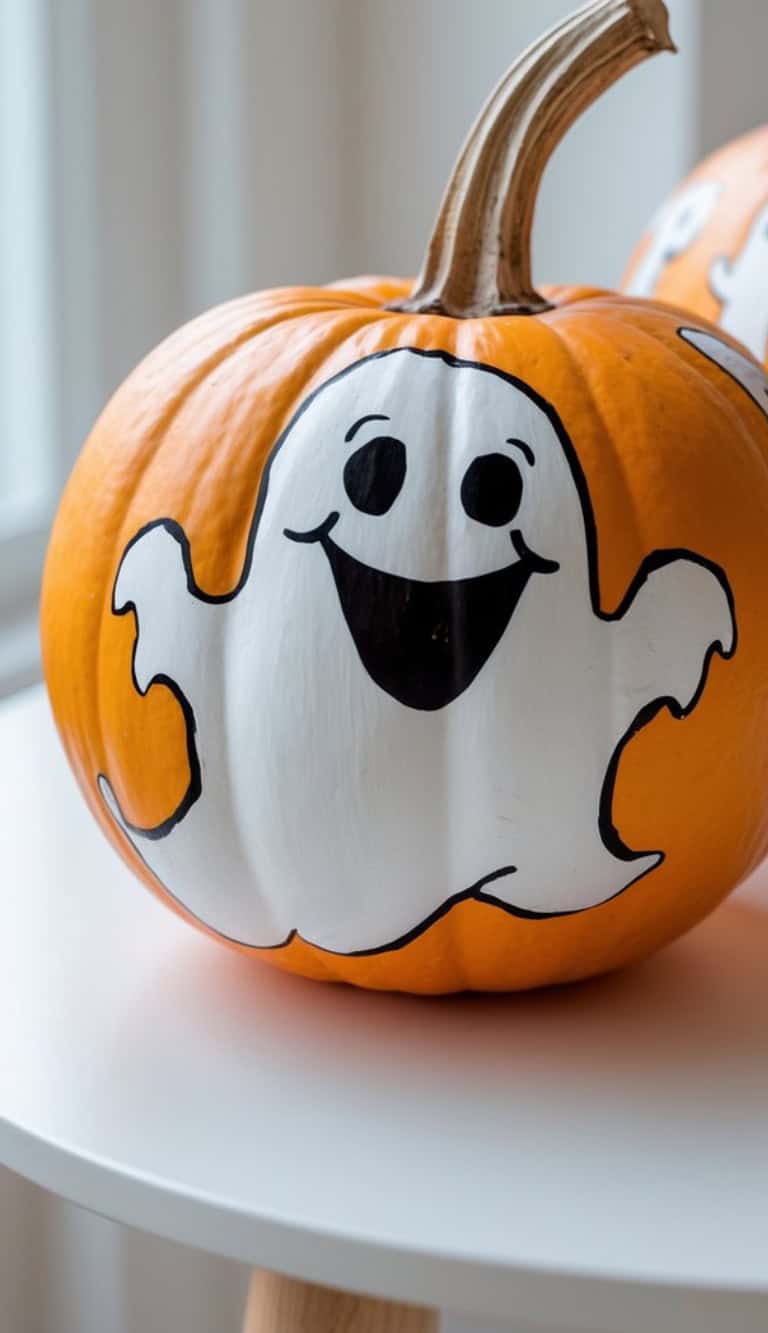 A pumpkin painted with a cheerful, white cartoon ghost with a big smile and raised arms sits on a white table.