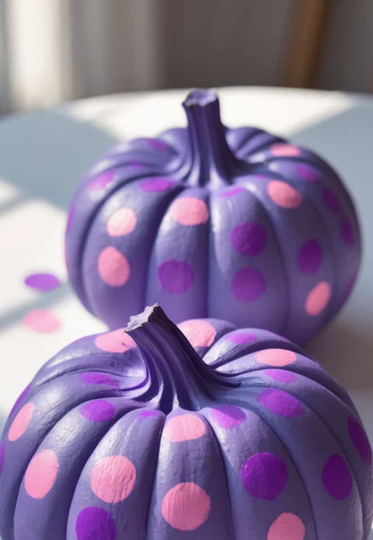Two pumpkins painted purple with large pink polka dots sit on a white surface, with sunlight casting soft shadows.
