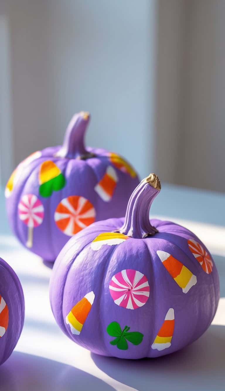 Two purple pumpkins decorated with painted images of candy corn, peppermint swirls, and a green clover, sitting on a white surface in bright natural light.