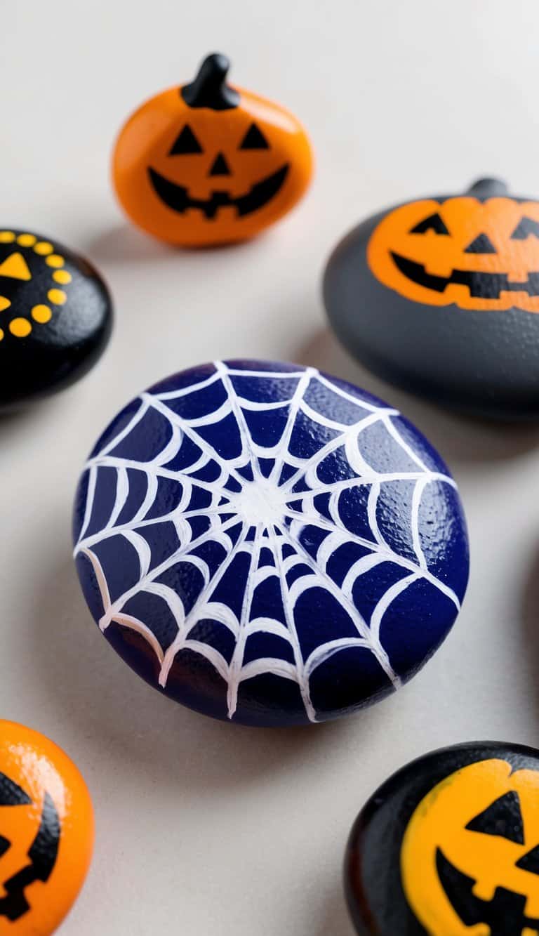 A spider web pattern painted on a rock, surrounded by other Halloween-themed painted rocks