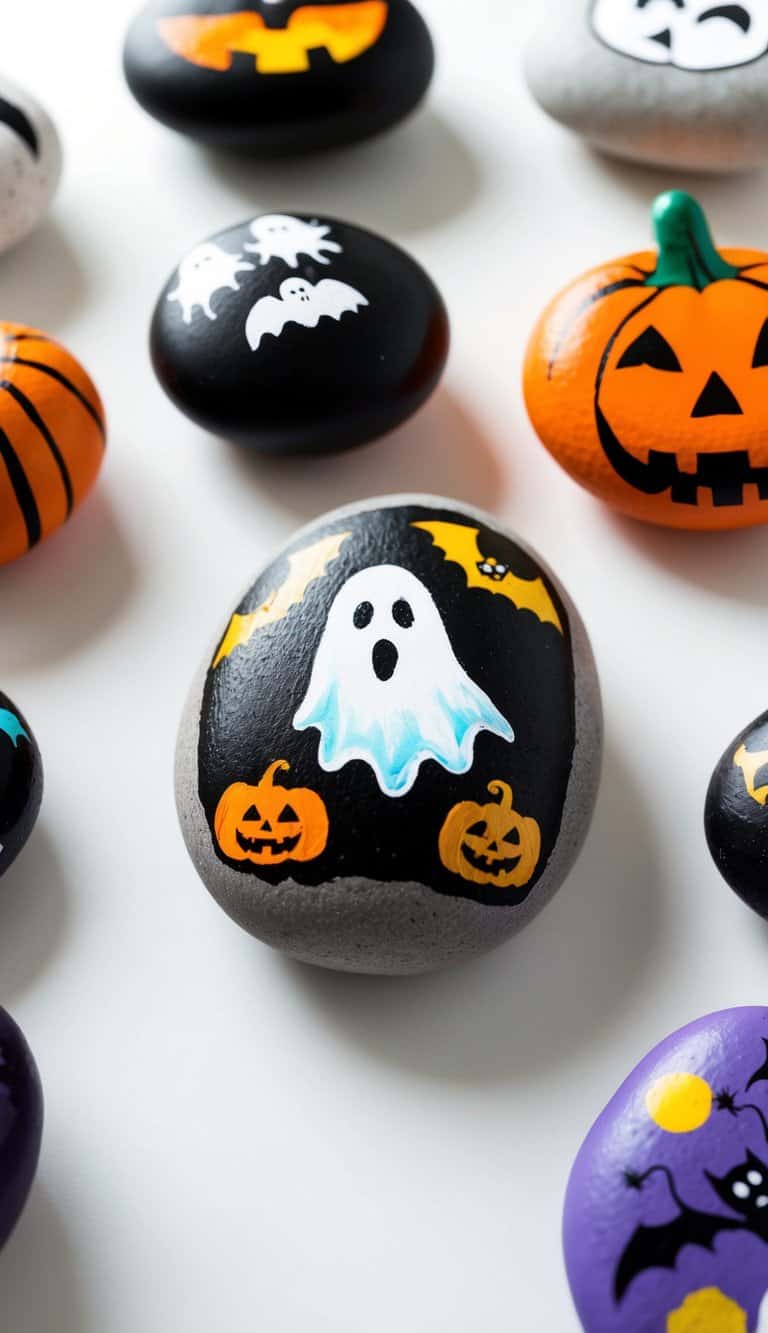 A collection of Halloween-themed painted rocks arranged on a table, featuring spooky designs such as ghosts, pumpkins, and bats