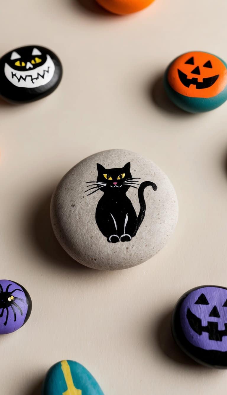 A black cat surrounded by Halloween-themed painted rocks