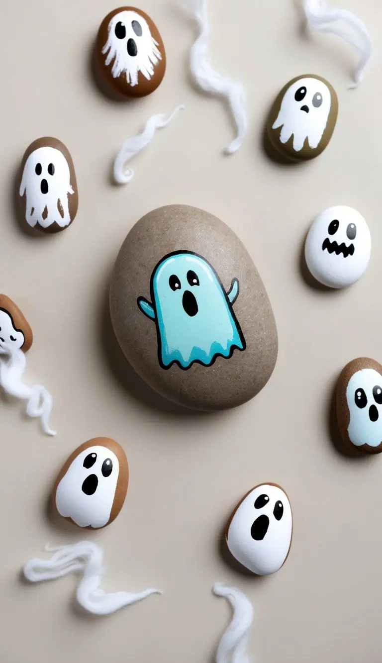 A group of ghostly wisps swirling around a collection of painted rocks, each one depicting a unique and adorable ghostly design