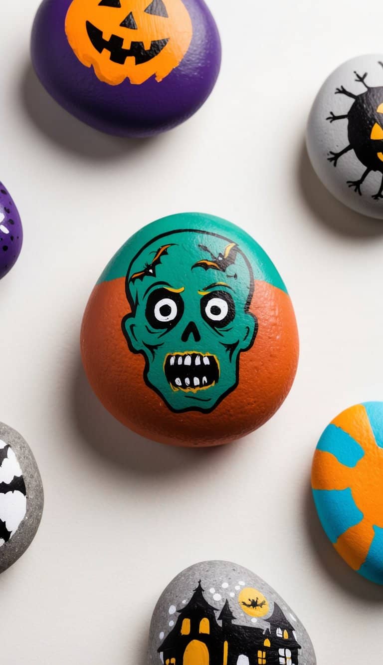 A zombie rock with Halloween-themed paint surrounded by other painted rocks