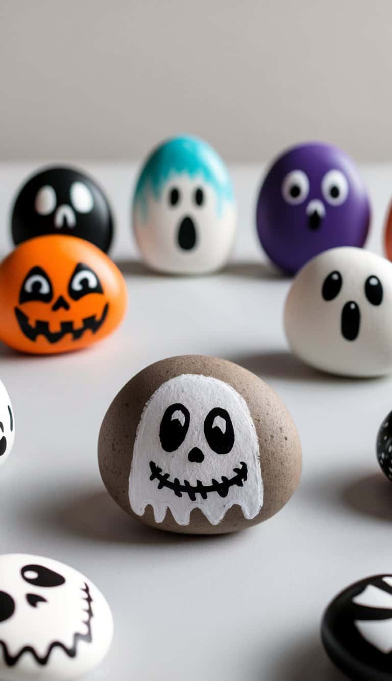 A collection of cute and spooky ghost painted rocks arranged on a table with various designs and expressions